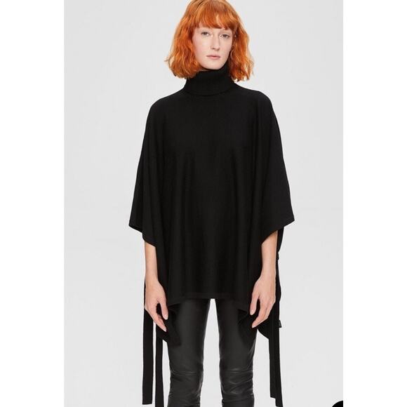 Theory Black Wool Turtleneck Poncho Medium/Large Oversized Tie Sides - Picture 1 of 16